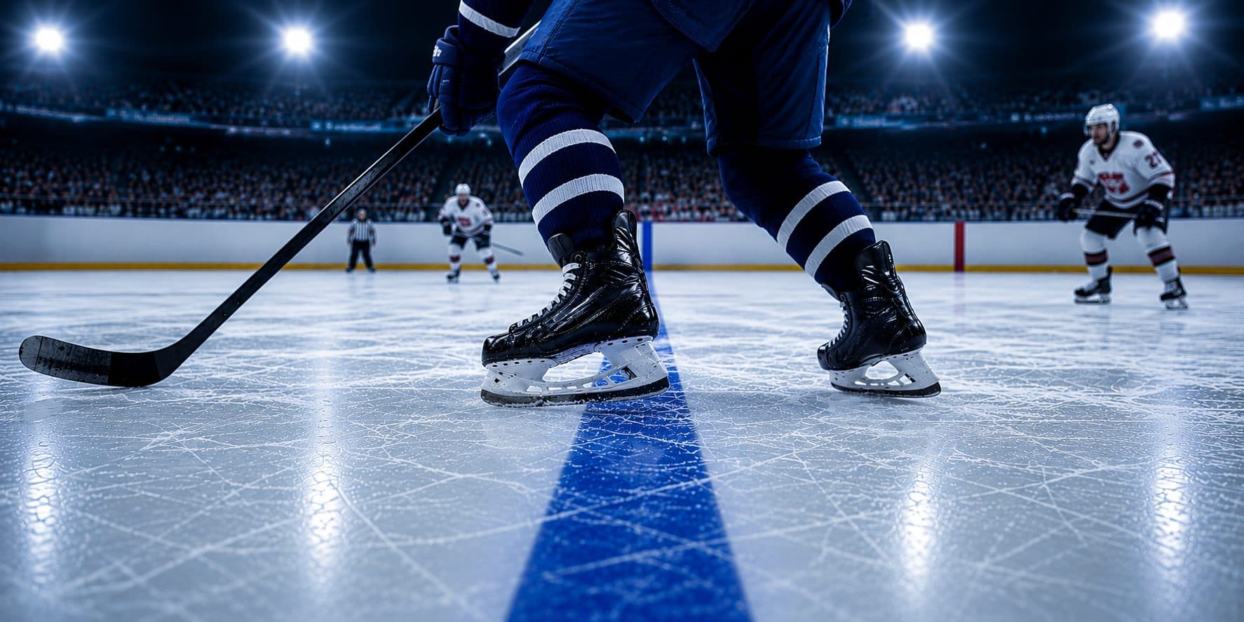 A hockey player skating across the blue offside line on an arena rink